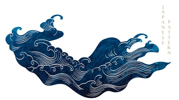 Textura de trazo de pincel azul con patrón de onda oceánica japonesa en estilo vintage. Diseño de banner de paisaje de arte abstracto con vector de textura de acuarela - Vector, Imagen