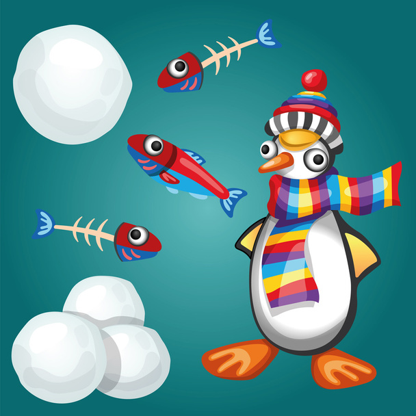 Πιγκουίνος με ψάρια και χιονόμπαλες (διάνυσμα) - Διάνυσμα, εικόνα