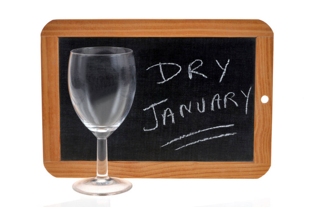 Dry January concept with a school slate and an empty wine glass on white background  - Photo, Image