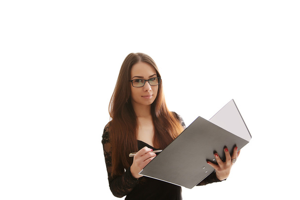 Portrait of smiling business woman with paper folder, isolated o - Foto, afbeelding