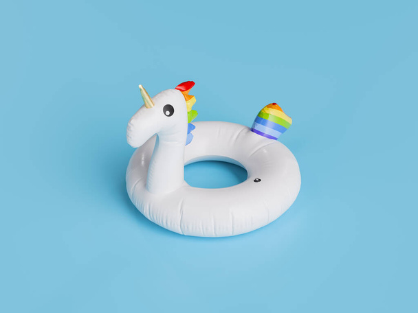 Rendering 3D di un unicorno gonfiabile galleggiante su uno sfondo blu dello studio, concetto di festa in piscina. - Foto, immagini
