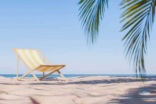 Üç boyutlu çizgili plaj sandalyesinin kumun üzerinde palmiye yaprakları, yaz rahatlama konsepti.. - Fotoğraf, Görsel