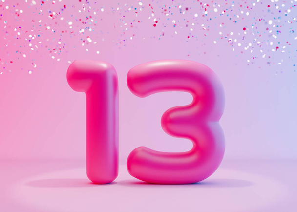 Vibrant numéro treize avec des confettis colorés sur fond rose. Symbole 13. Invitation pour une fête d'anniversaire de treize ans ou d'affaires. Lumière au néon et couleurs. rendu 3D - Photo, image