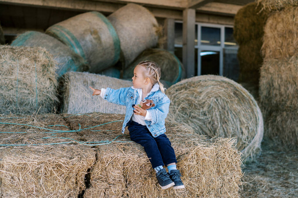Klein meisje zit op een hooiberg op de boerderij en wijst naar de zijkant. Hoge kwaliteit foto - Foto, afbeelding