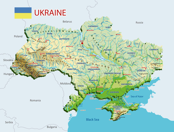 Ukrayna 'nın topografik haritası. Bölgeler sınırları olan Ukrayna 'nın coğrafi haritası. Etiketli yüksek detaylı Ukrayna fiziksel haritası. Nehirleri, gölleri, denizleri, dağları ve ovaları olan Ukrayna Atlası. - Vektör, Görsel