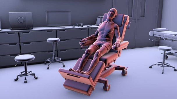 3D ilustrace zobrazující pacienta na lékařském kole v nemocniční přijímací místnosti, symbolizující zdravotní mobilitu a transport v klinickém prostředí. - Fotografie, Obrázek