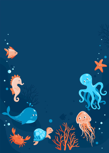 Marine set with sea creatures for girls and boys. Underwater background with place for text. Cute template for world oceans day or baby shower, birthday invitations, greeting cards. Save ocean - Vector, Image