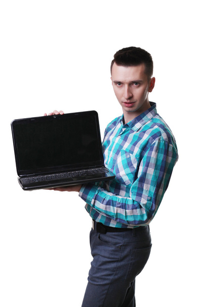 Businessman standing posture hand hold notebook laptop isolated  - Φωτογραφία, εικόνα