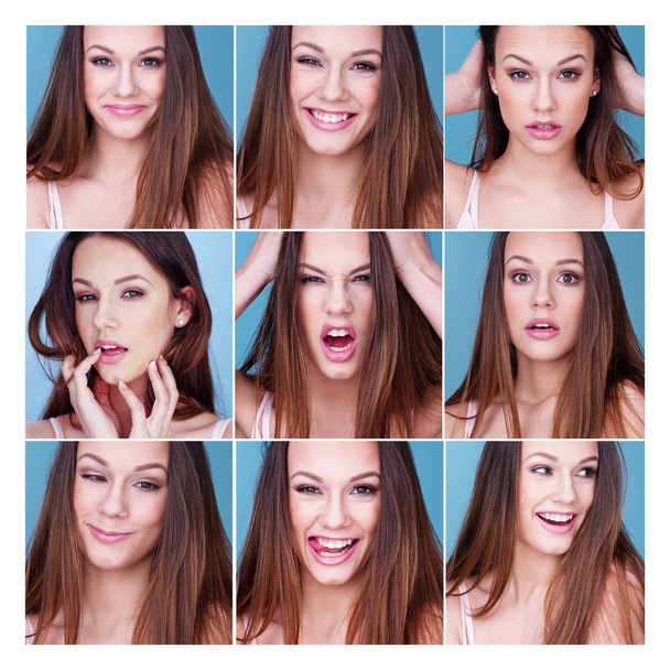 Set of nine different expressions on a pretty girl - Photo, Image