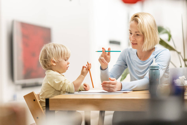 Caring young Caucasian mother and small son drawing painting in notebook at home together. Loving mom or nanny having fun learning and playing with her little 1,5 year old infant baby boy child - Photo, Image