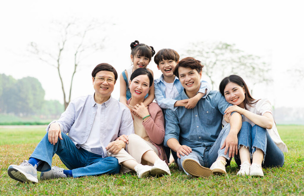 Parktaki çimlerde birlikte oturan Asyalı bir ailenin görüntüsü. - Fotoğraf, Görsel