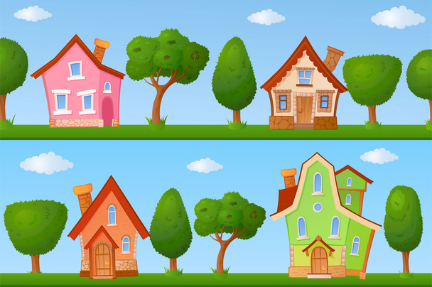 Summer streets with houses and trees - Vector, Image