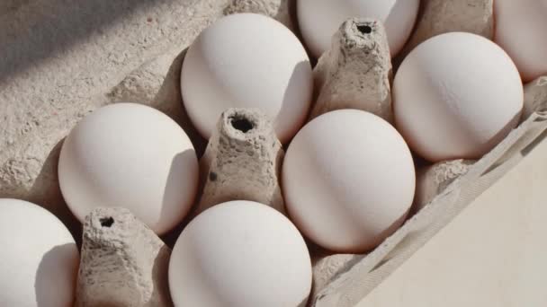 Embalaje de huevos de pollo en foco, mostrando la presentación impecable de estos huevos sanos y naturales. - Imágenes, Vídeo
