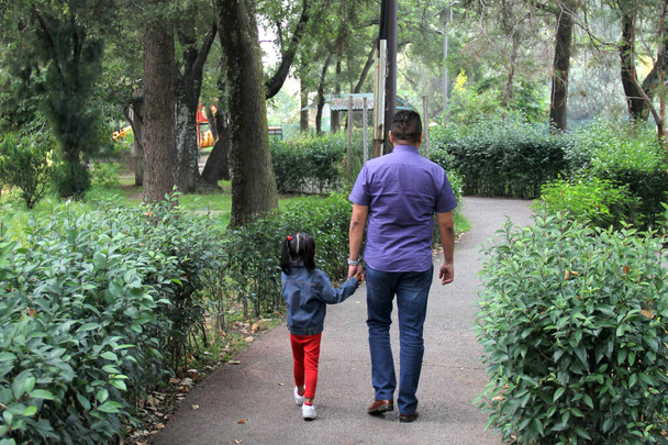 Divorziato padre single e dai capelli castani Latino 4-year-old figlia a piedi nel parco insieme trascorrere del tempo di qualità e in attesa di un futuro insieme - Foto, immagini