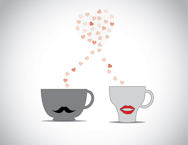 Two coffee cups with black mustache & red lips with red flying hearts making a big love shape in a bright white background : concept first date valentine's day art illustration - Photo, Image
