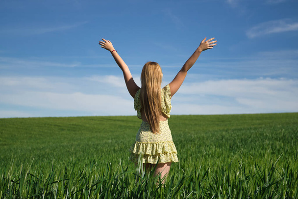 Mujer joven, guapa, rubia, vestida de amarillo, con los brazos levantados en medio de un campo de trigo verde, vista desde atrás, sola, tranquila y tranquila. Concepto relajación, tranquilidad, calma, campos, prados - Foto, Imagen