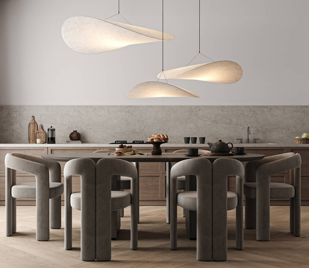 Esta área de refeições combina design moderno com conforto, com cadeiras esculturais e iluminação pingente orgânica - Foto, Imagem
