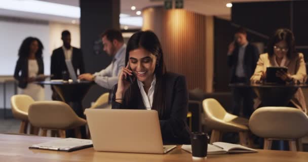 Business woman, phone call and laptop, night and networking, deal negotiation with sales consultant at office. Project, typing corporate proposal and discussion with mobile, deadline and professional. - Footage, Video