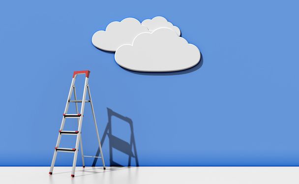 Leiter gegen eine blaue Wand mit einer Wolke - Foto, Bild