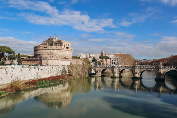Rome, Italy - 27.12.2023: St. Angelo Bridge and Castel Sant'Angelo in Rome - Photo, Image