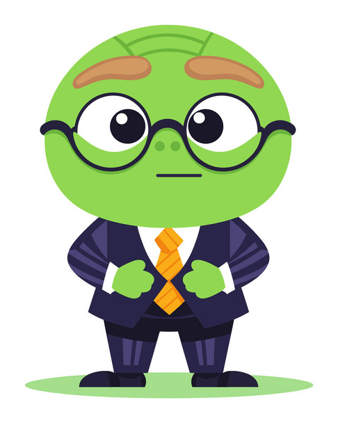 Green alien in a suit with glasses looking serious. Professional extraterrestrial businessman. Office space and leadership vector illustration. - Vector, Image