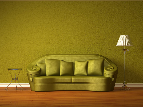 Sofá de olivo con mesa y lámpara estándar en el interior de oliva
 - Foto, imagen
