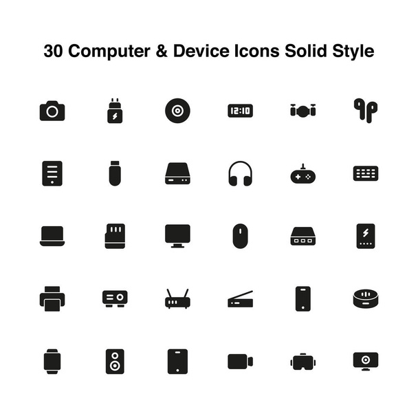 Icono gráfico vectorial de ilustración de 30 Conjunto de iconos de computadora y dispositivo. Icono de estilo sólido. Ilustración vectorial aislada sobre fondo blanco. Perfecto para diseño de sitios web o aplicaciones. - Vector, imagen