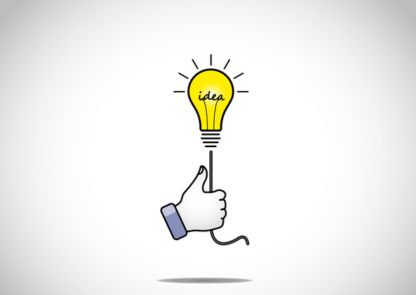 Bright glowing yellow idea solution light bulb held by young human victory winning thumbs up hand gesture - the winning solution concept illustration artwork - Photo, Image
