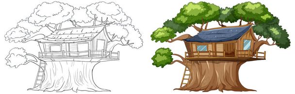 Schizzo e illustrazione a colori di una casa sull'albero - Vettoriali, immagini