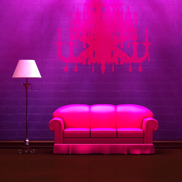 Pink couch and standard lamp with silhouette of chandelier - Photo, Image