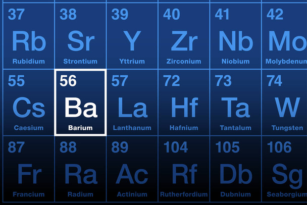Barium element on the periodic table. Alkaline earth metal with element symbol Ba, from Greek baryta, meaning heavy. Atomic number 56. The compound barium sulfate is used as X-ray radiocontrast agent. - Vector, Image