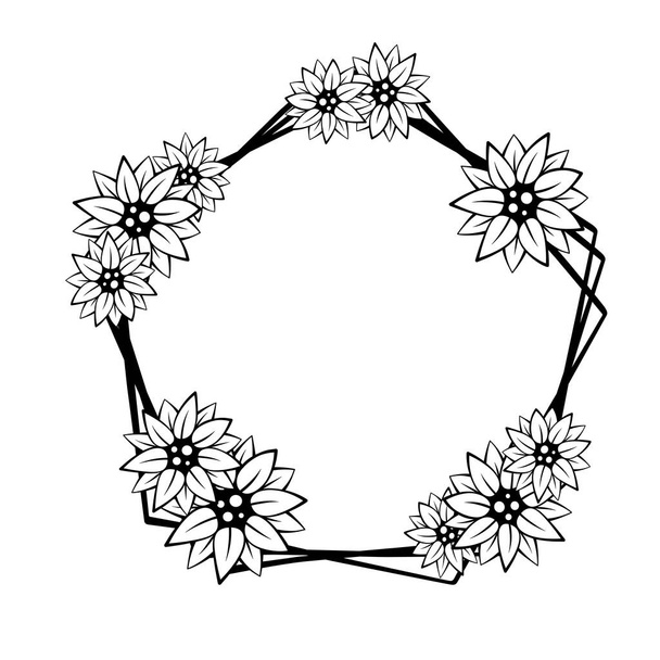 Fekete vonal Tripla Pentagon keret virágokkal. Vektor illusztráció díszíteni logó, szöveg, esküvő, üdvözlőlapok és bármilyen design. - Vektor, kép
