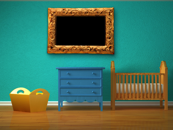 Baby bedroom with a crib and golden picture frame - Photo, Image