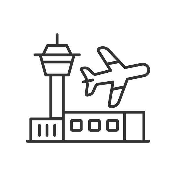 Diseño de línea de iconos del aeropuerto. Terminal, Pista, Avión, Avión, Aviación, Viajes, Partida Ilustración vector llegada Icono de carrera editable aeropuerto - Vector, Imagen