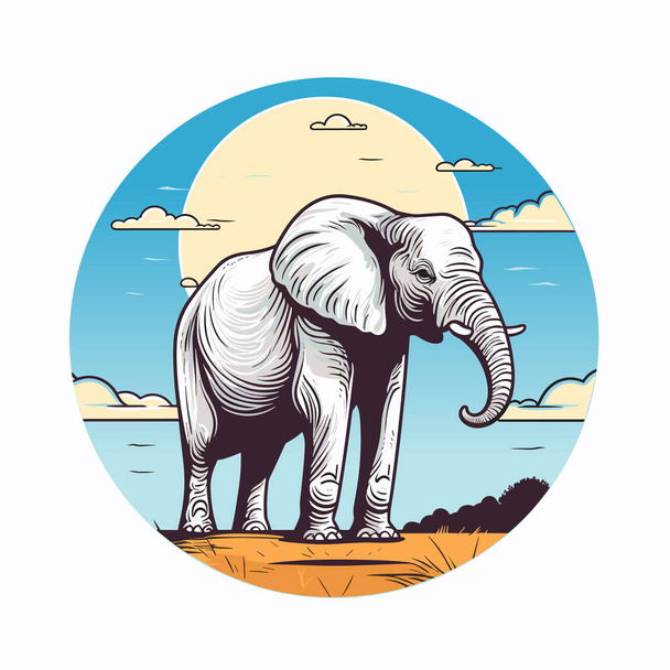 Elefante africano en la sabana. Ilustración vectorial coloreada de un elefante andante - Vector, Imagen
