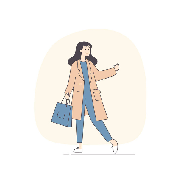Una mujer con bolsas de compras está felizmente caminando en un estilo minimalista ilustración vectorial. - Vector, Imagen