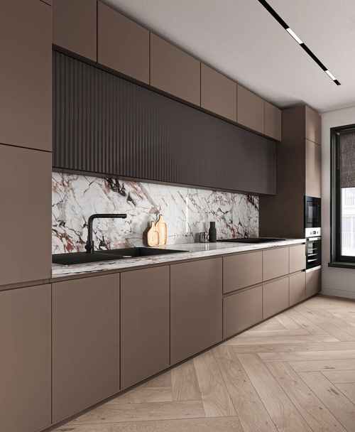 Rafinovaný kuchyňský prostor s nápadným mramorovým zadním postřikem, taupe skříněmi a moderními spotřebiči, ztělesňující luxus a styl - Fotografie, Obrázek