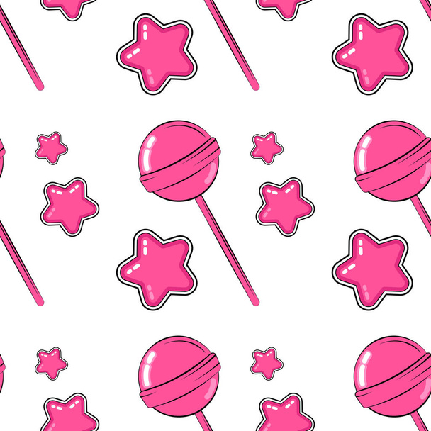 nahtloses Muster mit rosa Bonbons, Sternen, Bonbons auf weißem Hintergrund für den Kinderurlaub, Geschenkpapier, Druck und Textilien - Vektor, Bild