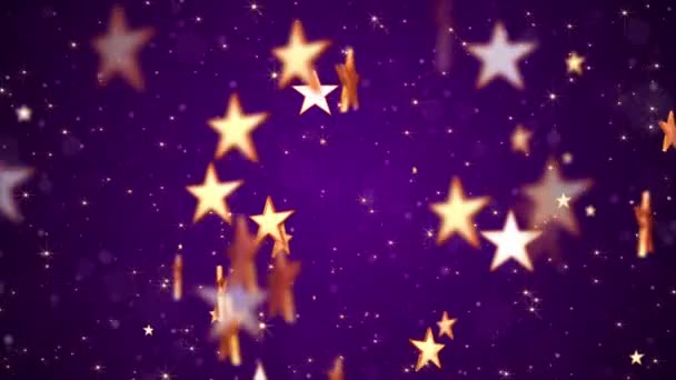 Estrellas doradas brillantes y partículas brillantes de estrellas doradas sobre un elegante fondo de degradado púrpura oscuro. Esta animación de lujo brillante es adecuado como una ceremonia de premios o talento mostrar fondo.  - Metraje, vídeo