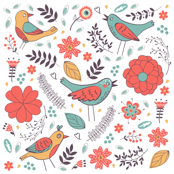 elegante Komposition mit Blumen und Vögeln - Vektor, Bild