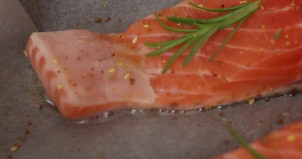 Stukken forel (rode vis) worden gebakken in een pan met specerijen, close-up, slow motion video - Video