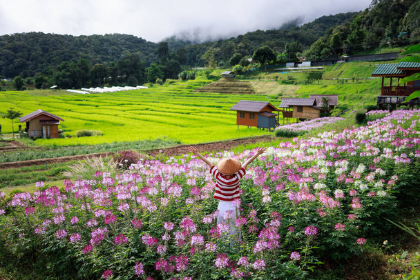 young asian girl standing holding hand and happy smiling in flower garden at  morning mist Mae Klang Luang Rice terraces, Chiang Mai Thailand, - Photo, Image