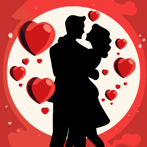 Tarjeta de felicitación del día de San Valentín, cartel lindo. Ilustración vectorial de una pareja de siluetas negras enamoradas. Folleto, invitación, póster, folleto, pancarta - Vector, Imagen