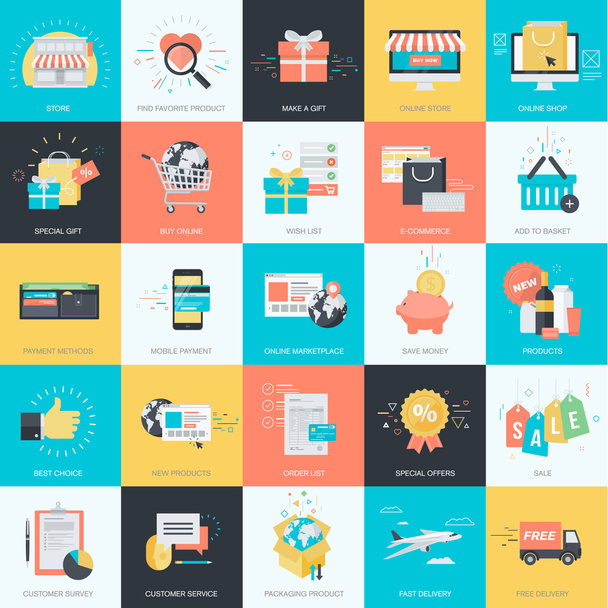 Set di icone concettuali in stile flat design per grafica e web design. Icone per e-commerce, m-commerce, shopping online
. - Vettoriali, immagini