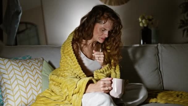 Uma mulher angustiada segurando uma caneca senta-se em um sofá envolto em um cobertor em casa, informal, retrato, jovem, adulto, interior, bonito, atraente, feminino, caucasiano - Filmagem, Vídeo