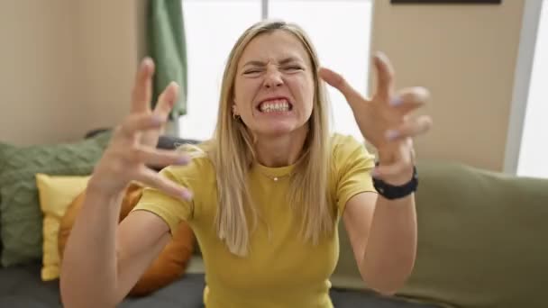 Młoda blondynka w koszuli krzycząca sfrustrowana wściekłością, próbująca udusić ręce, wrzeszcząca wściekła na dom - Materiał filmowy, wideo