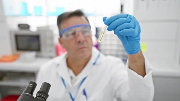 Een gefocuste man onderzoekt een reageerbuis in een laboratoriumomgeving, toont professionaliteit en medisch onderzoek. - Video