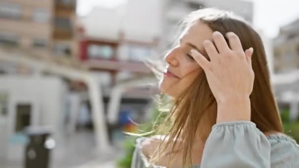 Eine ruhige junge Frau genießt eine sonnenbeschienene urbane Umgebung, die Frieden und Schönheit in der Stadt ausstrahlt - Filmmaterial, Video