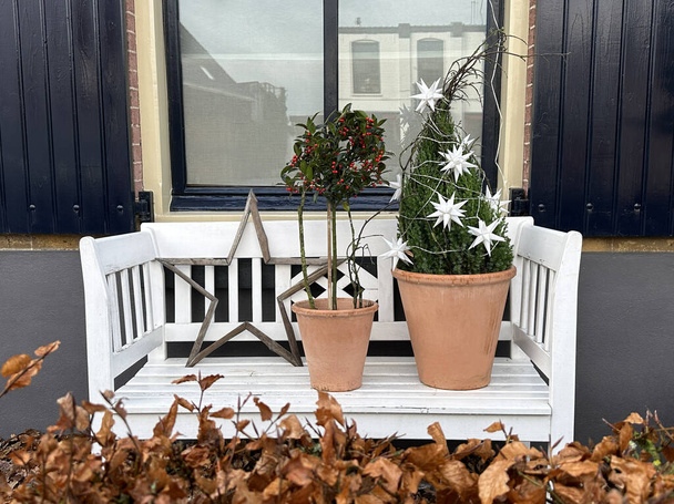 White bench in Scandinavian style with Christmas decoration under the window. Christmas berry plant and Christmas tree in ceramic pots - Photo, Image