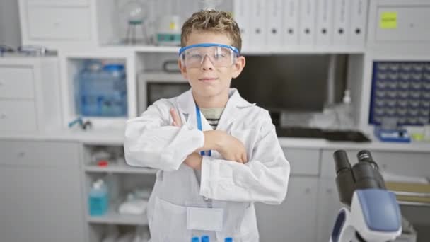 Sebevědomý a usmívající se blonďatý chlapec vědec v laboratoři, roztomilý kluk se zkříženýma rukama v rozkošném gestu, sedí u pracovního stolu, vyzařuje radost - Záběry, video